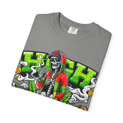 High Vibe Unisex Garment-Dyed T-Shirt - Skull & Cannabis Design
