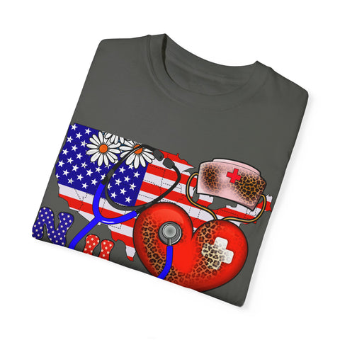 Patriotic Nurse T-shirt - Unisex Garment-Dyed Tee for Healthcare Heroes