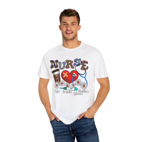 Nurse Love Graphic T-Shirt - Coffee Scrubs & Rubber Gloves