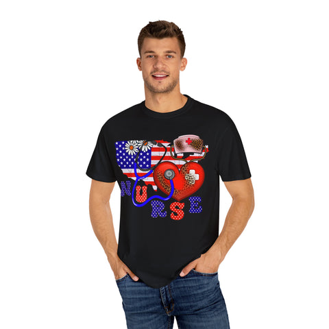 Patriotic Nurse T-shirt - Unisex Garment-Dyed Tee for Healthcare Heroes