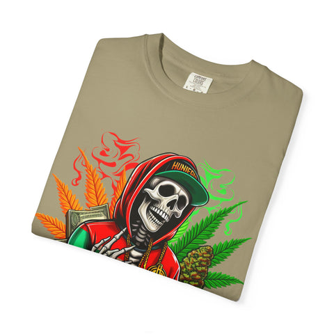 High Vibes Unisex Garment-Dyed T-Shirt - Skeleton & Cannabis Design