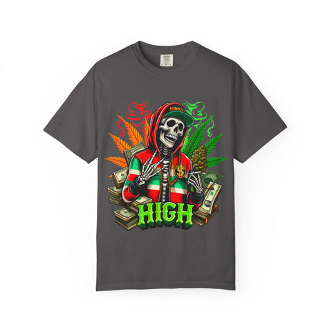 High Vibes Unisex Garment-Dyed T-Shirt - Skeleton & Cannabis Design