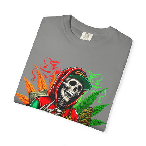 High Vibes Unisex Garment-Dyed T-Shirt - Skeleton & Cannabis Design