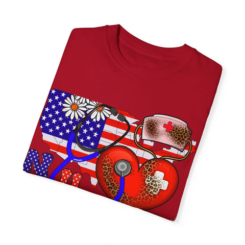 Patriotic Nurse T-shirt - Unisex Garment-Dyed Tee for Healthcare Heroes