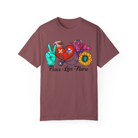 Peace Love Nurse T-Shirt | Unisex Garment-Dyed Tee for Healthcare Heroes