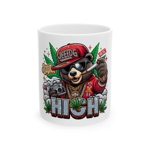High Vibe Ceramic Mug - Funny Bear Design, Gift for Stoners, Cannabis Lover's Cup, 420 Coffee Mug, Unique Drinkware