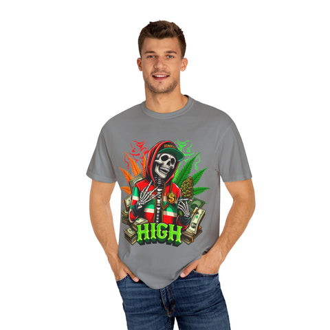 High Vibes Unisex Garment-Dyed T-Shirt - Skeleton & Cannabis Design