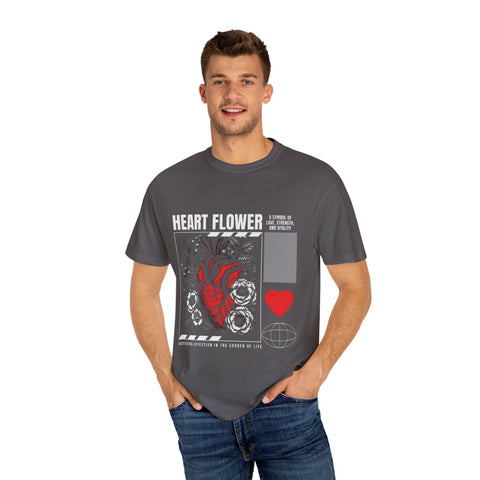 Heart Flower Unisex Garment-Dyed T-shirt - Symbol of Love and Strength