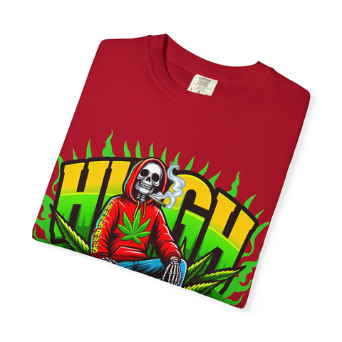 High Vibes Unisex Garment-Dyed T-Shirt - Retro Skeleton & Cannabis Graphic Tee