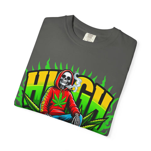 High Vibes Unisex Garment-Dyed T-Shirt - Retro Skeleton & Cannabis Graphic Tee
