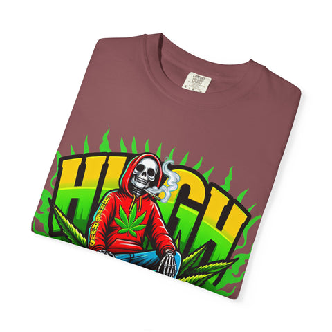 High Vibes Unisex Garment-Dyed T-Shirt - Retro Skeleton & Cannabis Graphic Tee