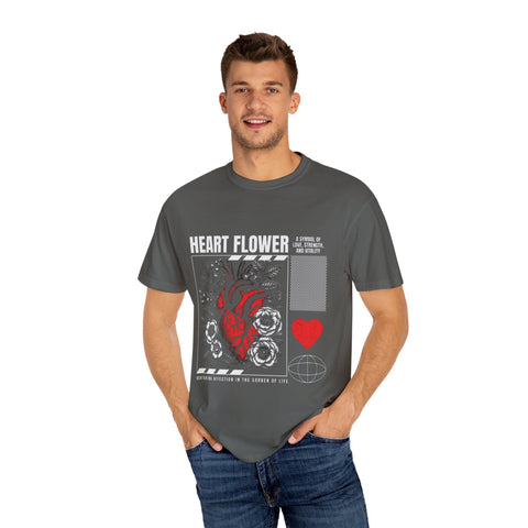 Heart Flower Unisex Garment-Dyed T-shirt - Symbol of Love and Strength
