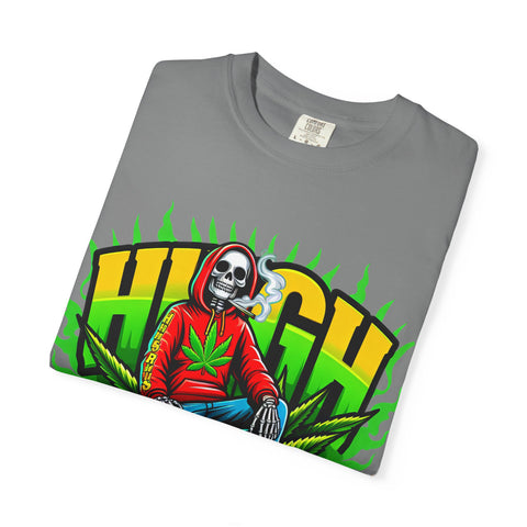 High Vibes Unisex Garment-Dyed T-Shirt - Retro Skeleton & Cannabis Graphic Tee
