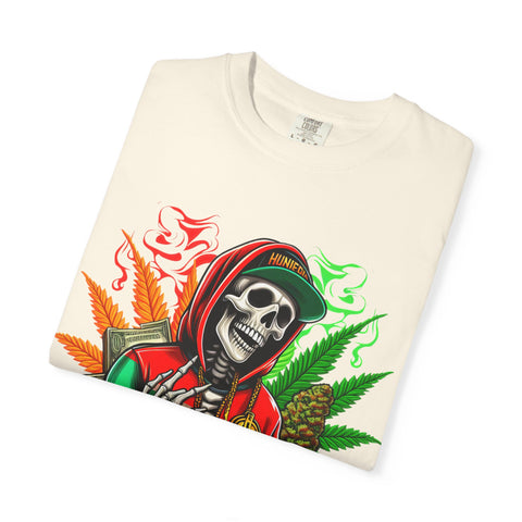 High Vibes Unisex Garment-Dyed T-Shirt - Skeleton & Cannabis Design