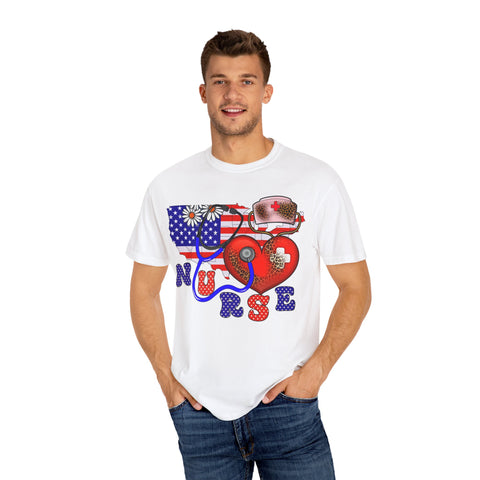 Patriotic Nurse T-shirt - Unisex Garment-Dyed Tee for Healthcare Heroes