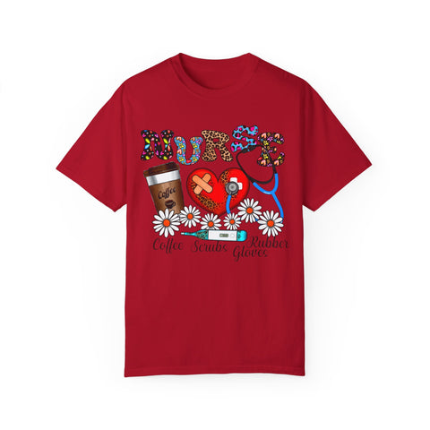 Nurse Love Graphic T-Shirt - Coffee Scrubs & Rubber Gloves