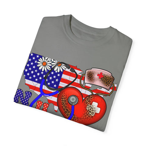 Patriotic Nurse T-shirt - Unisex Garment-Dyed Tee for Healthcare Heroes