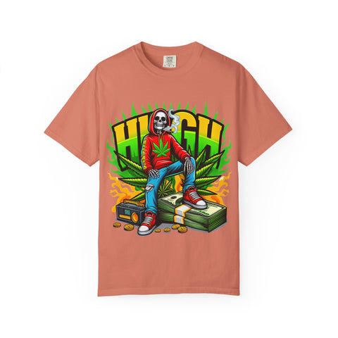 High Vibes Unisex Garment-Dyed T-Shirt - Retro Skeleton & Cannabis Graphic Tee