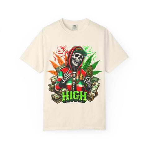 High Vibes Unisex Garment-Dyed T-Shirt - Skeleton & Cannabis Design