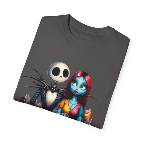 Cute Couples Halloween T-Shirt - Unisex Garment-Dyed Tee with Skeleton & Monster Designs