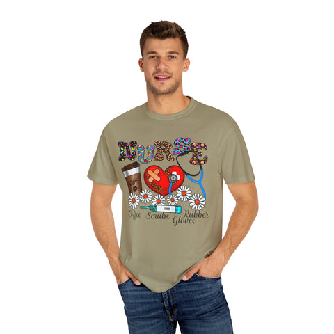 Nurse Love Graphic T-Shirt - Coffee Scrubs & Rubber Gloves