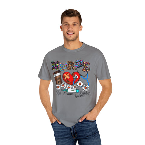 Nurse Love Graphic T-Shirt - Coffee Scrubs & Rubber Gloves