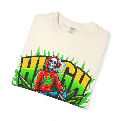High Vibes Unisex Garment-Dyed T-Shirt - Retro Skeleton & Cannabis Graphic Tee