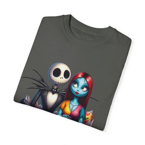 Cute Couples Halloween T-Shirt - Unisex Garment-Dyed Tee with Skeleton & Monster Designs