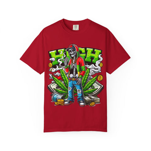 High Vibe Unisex Garment-Dyed T-Shirt - Skull & Cannabis Design