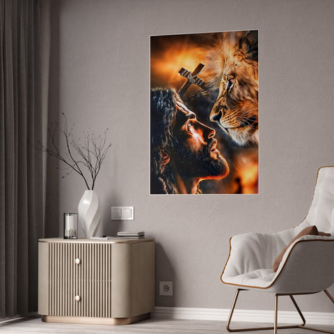 Inspirational Gloss Poster - Jesus and Lion Art for Faith and Home Decor
