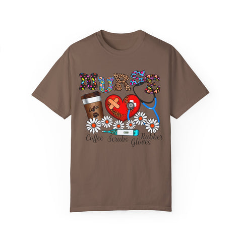 Nurse Love Graphic T-Shirt - Coffee Scrubs & Rubber Gloves