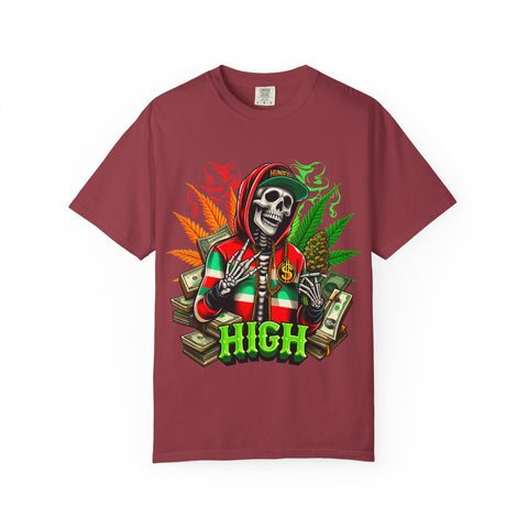 High Vibes Unisex Garment-Dyed T-Shirt - Skeleton & Cannabis Design