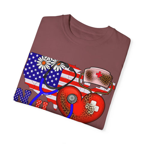 Patriotic Nurse T-shirt - Unisex Garment-Dyed Tee for Healthcare Heroes