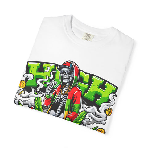 High Vibe Unisex Garment-Dyed T-Shirt - Skull & Cannabis Design