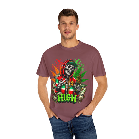 High Vibes Unisex Garment-Dyed T-Shirt - Skeleton & Cannabis Design