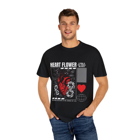 Heart Flower Unisex Garment-Dyed T-shirt - Symbol of Love and Strength