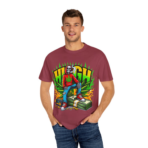 High Vibes Unisex Garment-Dyed T-Shirt - Retro Skeleton & Cannabis Graphic Tee