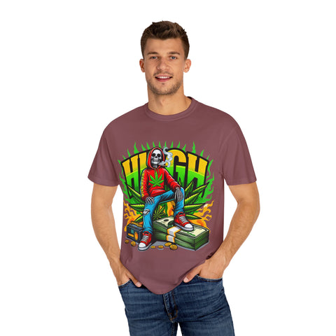 High Vibes Unisex Garment-Dyed T-Shirt - Retro Skeleton & Cannabis Graphic Tee