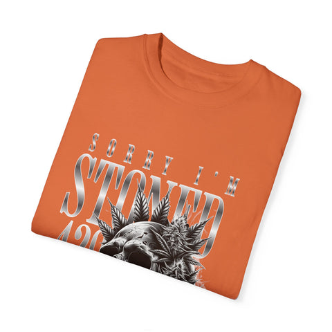 Unisex Skull and Leaves Graphic T-shirt - 'Sorry I'm Stoned 420'