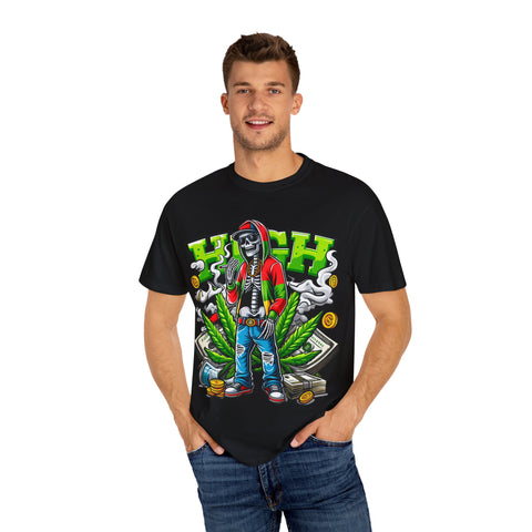 High Vibe Unisex Garment-Dyed T-Shirt - Skull & Cannabis Design