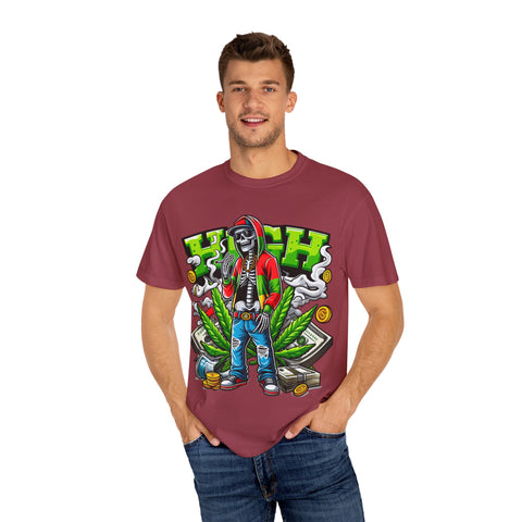 High Vibe Unisex Garment-Dyed T-Shirt - Skull & Cannabis Design