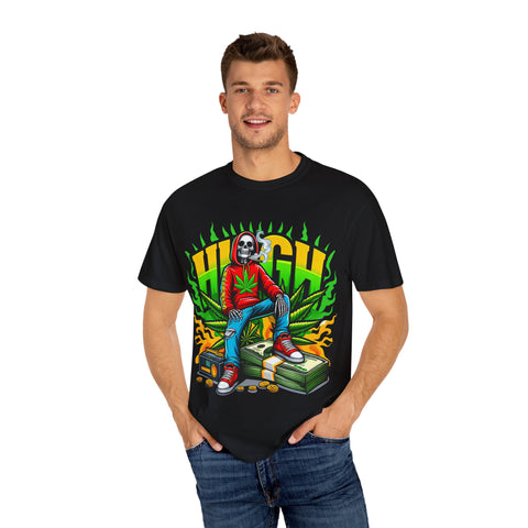 High Vibes Unisex Garment-Dyed T-Shirt - Retro Skeleton & Cannabis Graphic Tee