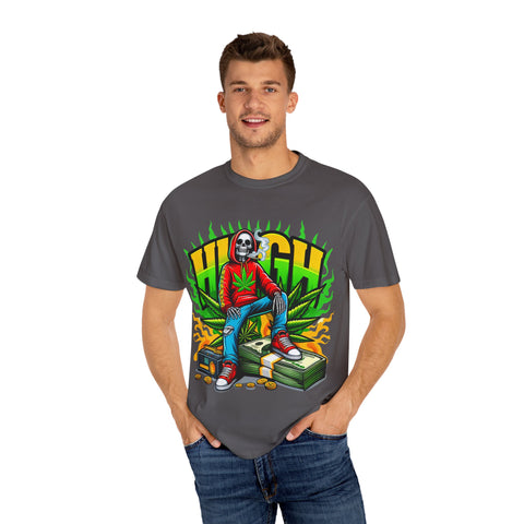 High Vibes Unisex Garment-Dyed T-Shirt - Retro Skeleton & Cannabis Graphic Tee