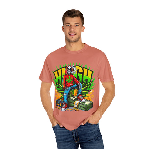 High Vibes Unisex Garment-Dyed T-Shirt - Retro Skeleton & Cannabis Graphic Tee
