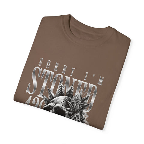 Unisex Skull and Leaves Graphic T-shirt - 'Sorry I'm Stoned 420'
