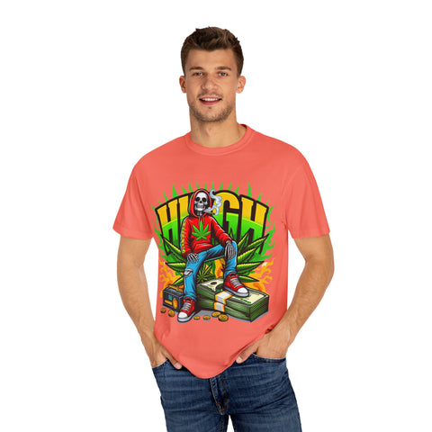 High Vibes Unisex Garment-Dyed T-Shirt - Retro Skeleton & Cannabis Graphic Tee