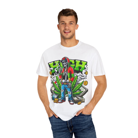 High Vibe Unisex Garment-Dyed T-Shirt - Skull & Cannabis Design