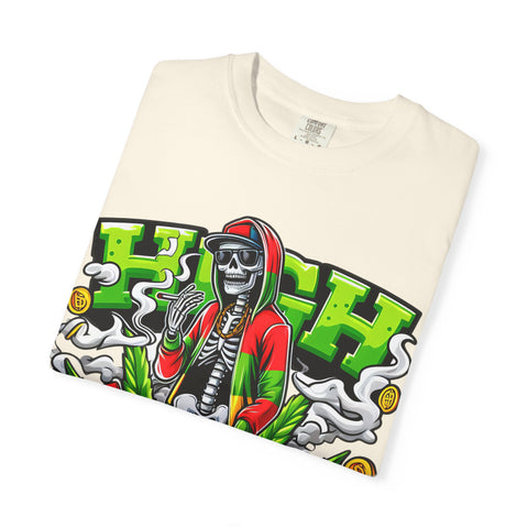 High Vibe Unisex Garment-Dyed T-Shirt - Skull & Cannabis Design