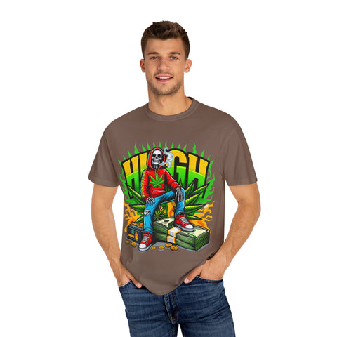 High Vibes Unisex Garment-Dyed T-Shirt - Retro Skeleton & Cannabis Graphic Tee