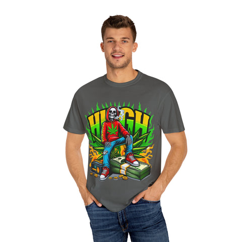 High Vibes Unisex Garment-Dyed T-Shirt - Retro Skeleton & Cannabis Graphic Tee